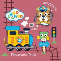 dessin animé drôle d'animal de train et de machiniste vecteur