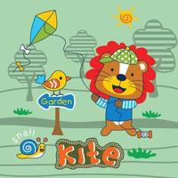 lion jouant au cerf-volant dans le jardin dessin animé drôle d'animal vecteur