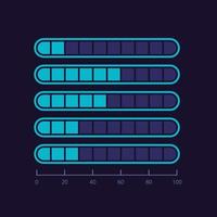 modèle de conception de graphique infographique de niveau fragmenté pour thème sombre. cinq indicateurs. infochart modifiable avec des graphiques à barres horizontales. présentation visuelle des données vecteur