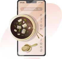 affiche de livraison rapide. soupe miso japonaise délicieuse et parfumée dans un smartphone vecteur
