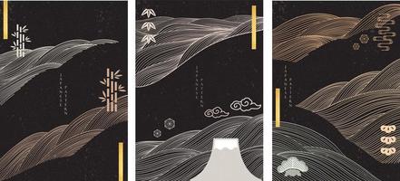 arrière-plan japonais avec vecteur de motif de ligne. modèle de paysage abstrait avec des éléments d'icônes asiatiques. symbole de la montagne fuji, du bambou et du bonsaï dans un style vintage.