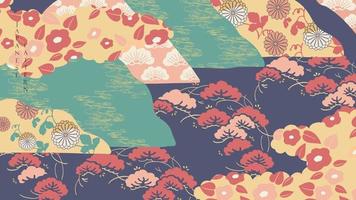 fond japonais avec vecteur de motif de décoration motif floral. conception de bannière de forêt de montagne avec des éléments d'art abstrait dans un style vintage.