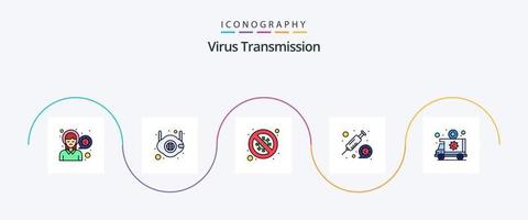 ligne de transmission de virus remplie de 5 icônes plates, y compris d'urgence. vaccin. bactéries. seringue. coronavirus vecteur