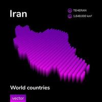 carte 3d de l'iran. la carte vectorielle à rayures isométriques numériques simples au néon stylisé de l'iran est en couleurs violettes sur fond noir. bannière éducative. vecteur