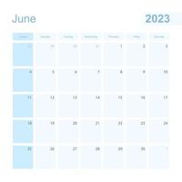 Planificateur mural de juin 2023 de couleur bleue, la semaine commence le dimanche. vecteur