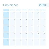 Planificateur mural de septembre 2023 de couleur bleue, la semaine commence le dimanche. vecteur