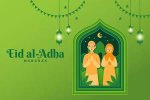 illustration de concept de carte de voeux eid al-adha dans un style papier découpé avec un couple musulman de dessin animé bénissant eid al-adha vecteur