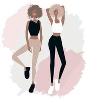 Curly Slim Slim Beautiful Girl Models annoncent des vêtements de sport dans des tons blancs beiges et noirs vecteur