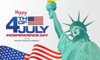 4 juillet. joyeux jour de l'indépendance de l'amérique fond avec drapeau ondulant et statue de la liberté vecteur