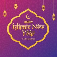 joyeux nouvel an islamique avec cadre doré et lanterne vecteur