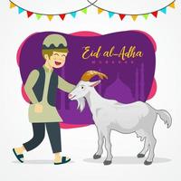 carte de voeux eid al adha. mignon garçon musulman de dessin animé tenant une chèvre pour le sacrifice avec la mosquée en arrière-plan vecteur