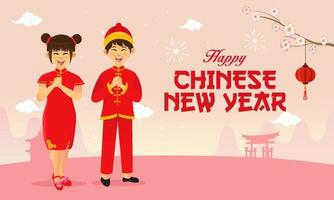carte de voeux joyeux nouvel an chinois. enfants chinois portant des costumes nationaux saluant le festival du nouvel an chinois vecteur