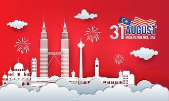illustration vectorielle de la célébration de la fête de l'indépendance de la malaisie le 31 août avec les toits de la ville, le drapeau de la malaisie et les feux d'artifice vecteur
