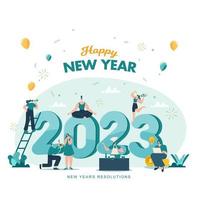 bonne année 2023. illustration du concept des objectifs et des résolutions de 2023. de minuscules personnes s'amusant avec leurs objectifs en 2023. vecteur