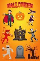 vecteur d'halloween serti d'enfants habillés en costume d'halloween, citrouille, pierre tombale et maison hantée sur fond orange.
