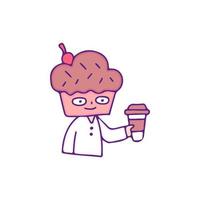 cool cupcake man boit une tasse de café, illustration pour t-shirt, autocollant ou marchandise vestimentaire. avec un style doodle, rétro et dessin animé. vecteur