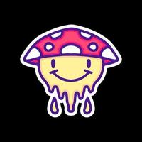 visage emoji sourire déformé avec illustration de chapeau de champignon, avec un style pop doux et des dessins de dessins animés de style ancien des années 90. oeuvre d'art pour vêtements de rue, t-shirt, patchworks. vecteur