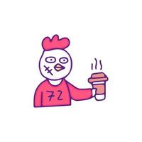 un personnage de poulet coq cool boit une tasse de café, une illustration pour un t-shirt, un autocollant ou une marchandise vestimentaire. avec un style doodle, rétro et dessin animé. vecteur