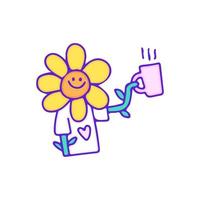 joli personnage de tournesol buvant une tasse de café, illustration pour t-shirt, autocollant ou marchandise vestimentaire. avec un style doodle, rétro et dessin animé. vecteur