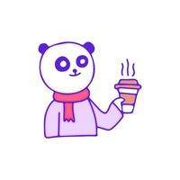 personnage de panda mignon buvant une tasse de café, illustration pour t-shirt, autocollant ou marchandise vestimentaire. avec un style doodle, rétro et dessin animé. vecteur