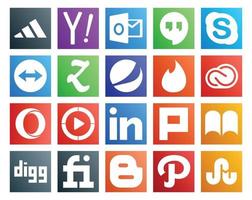 pack de 20 icônes de médias sociaux, y compris le lecteur multimédia windows LinkedIn zootool opera cc vecteur