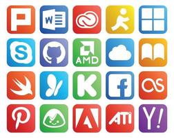 Pack de 20 icônes de médias sociaux, y compris lastfm kickstarter chat msn ibooks vecteur