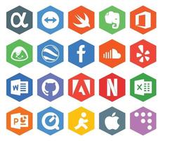 pack de 20 icônes de médias sociaux, y compris powerpoint netflix soundcloud adobe word vecteur