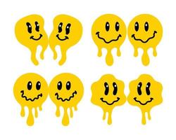 illustration vintage de sourire fondant. logo de visage de sourire fondu psychédélique rétro. sourire dégoulinant. bonne humeur. autocollant emoji positif. visage d'emoji groovy de vecteur.