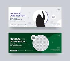 conception de couverture de médias sociaux d'admission à l'école, conception de bannière de couverture de médias sociaux de retour à l'école, couverture de médias sociaux d'admission de retour à l'école et modèle de bannière Web. vecteur