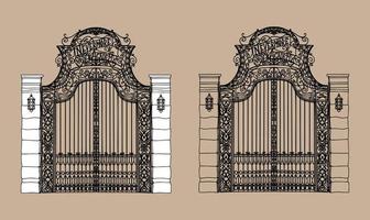 silhouette d'une illustration vectorielle de porte en fer forgé. Anciennes grilles métalliques ajourées du château. portes en acier à feuilles ajourées à la parcelle de jardin vecteur