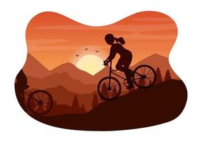 illustration de vélo de montagne avec vélo dans les montagnes pour le sport, les loisirs et un mode de vie sain dans des modèles dessinés à la main de silhouette de dessin animé plat vecteur