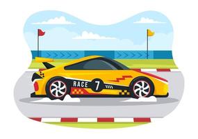 voiture de sport de course de formule atteindre sur le circuit de course l'illustration de dessin animé de la ligne d'arrivée pour gagner le championnat dans la conception de modèles dessinés à la main de style plat