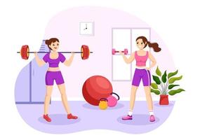 illustration de sport d'haltérophilie avec un athlète soulève une barre lourde, un équipement de gym et une formation de bodybuilder dans des modèles dessinés à la main de dessin animé plat vecteur