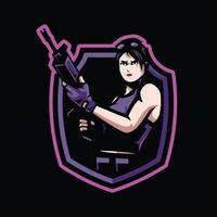 logo esport de jeu de mascotte de guerrier de fille. femme tenant un fusil dans le bouclier vecteur