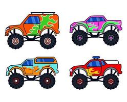 collection de camion monstre. conception de véhicule lourd adaptée à l'autocollant, au t-shirt ou au logo du club de véhicules. vecteur