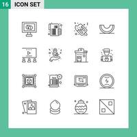 contour de l'interface mobile ensemble de 16 pictogrammes de publicité vidéo publicité en ligne restauration rapide tranche fruits éléments de conception vectoriels modifiables vecteur