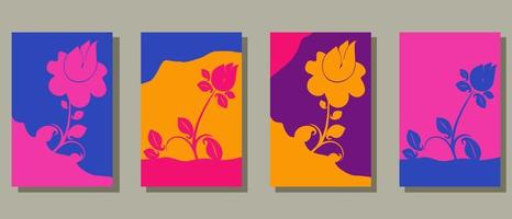 quatre ensembles d'arrière-plans d'illustration simple de thème de fleur de couleur vive vecteur