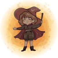 personnage de dessin animé mignon sorcière chibi portant un chapeau tout en tenant sa baguette vecteur