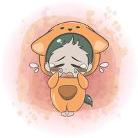 chibi mignon petit garçon dans un costume d'animal pleurant l'expression du visage triste vecteur