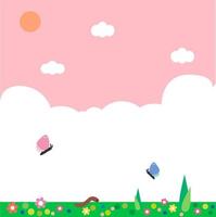 dessin animé mignon paysage de printemps avec des papillons et des fleurs. lumière du soleil, fond de ciel rose, campagne, temps nuageux. bannière du pays des merveilles en toile de fond au printemps. vecteur, illustration, eps10 vecteur
