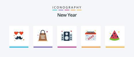 pack d'icônes plat 5 du nouvel an, y compris la pièce. fête. la musique. an. calendrier. conception d'icônes créatives vecteur