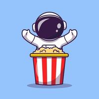 astronaute mignon avec illustration d'icône de vecteur de dessin animé de pop-corn. concept d'icône de nourriture scientifique vecteur premium isolé. style de dessin animé plat