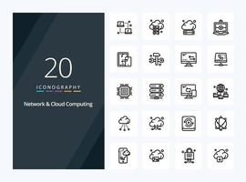 20 icône de contour de réseau et de cloud computing pour la présentation vecteur