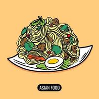 design plat de vecteur avec illustration de nourriture nouilles frites aux champignons et légumes cuisine asiatique