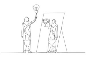dessin d'une femme portant le hijab ayant une ampoule ide regardant dans un miroir ayant une réflexion tenant un trophée de récompense. un style d'art en ligne continue vecteur
