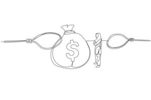 dessin animé d'une femme d'affaires musulmane regardant dans un gros sac d'argent debout parmi un piège. dessin au trait continu unique vecteur