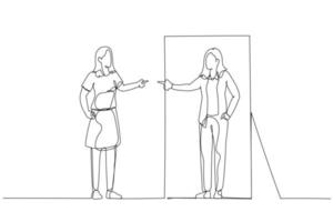 dessin animé de femme d'affaires dans le reflet regardé par la version décontractée de soi. style d'art en ligne unique vecteur