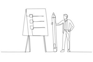 dessin animé d'un homme d'affaires présente un plan d'action avec une étape de liste de contrôle sur le concept de tableau blanc de procédure. un style d'art en ligne continue vecteur