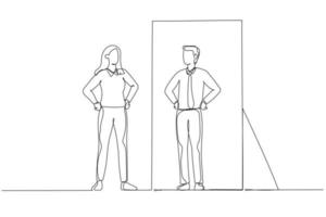 dessin animé d'une femme d'affaires regardant le sexe opposé de soi sur la réflexion du miroir. style d'art en ligne unique vecteur