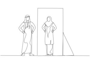 illustration d'un homme arabe regardant le sexe opposé de soi sur la réflexion du miroir. un style d'art en ligne continue vecteur